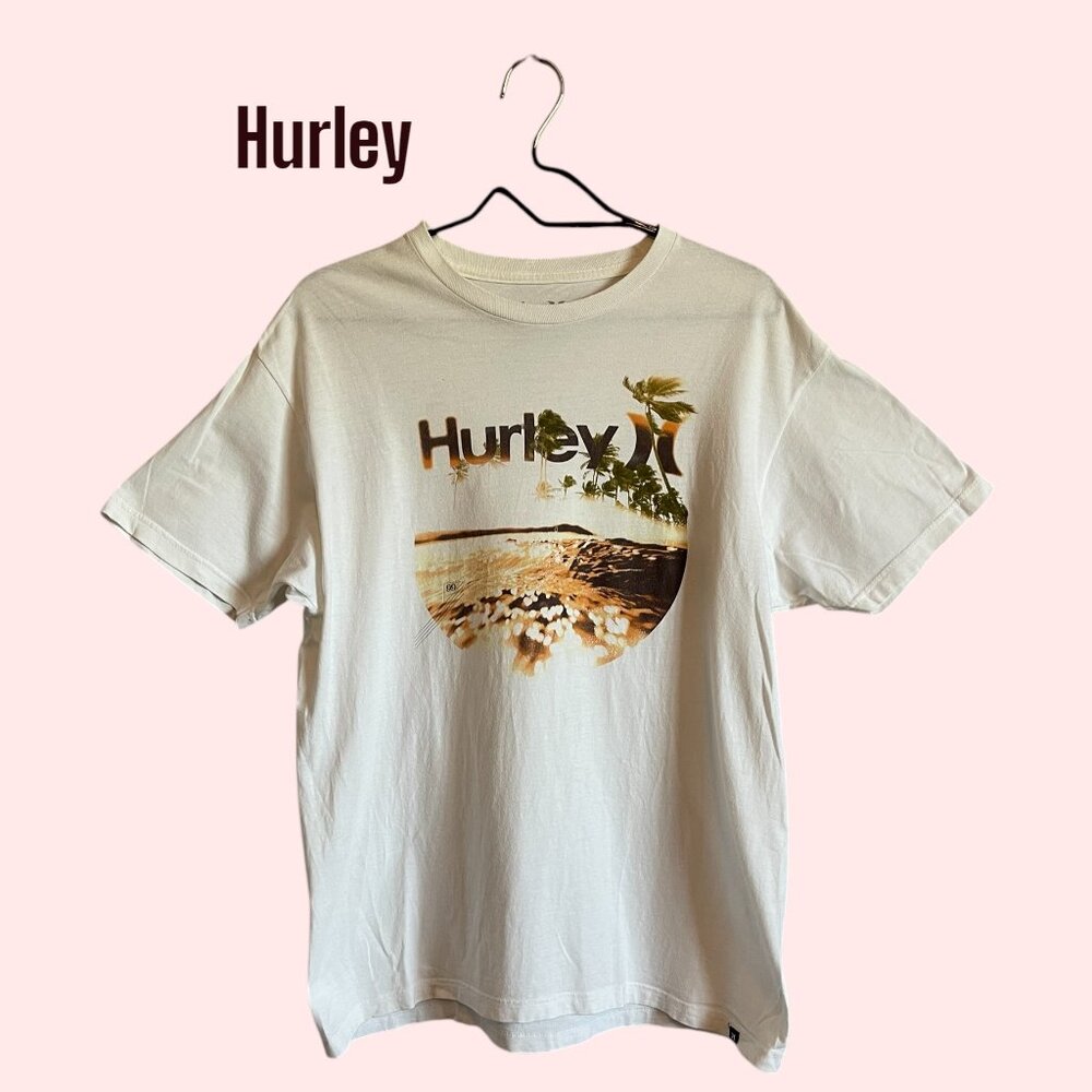 Hurley Surf Co Men's White Tropical Island Graphic Tee Size L Beach EUC